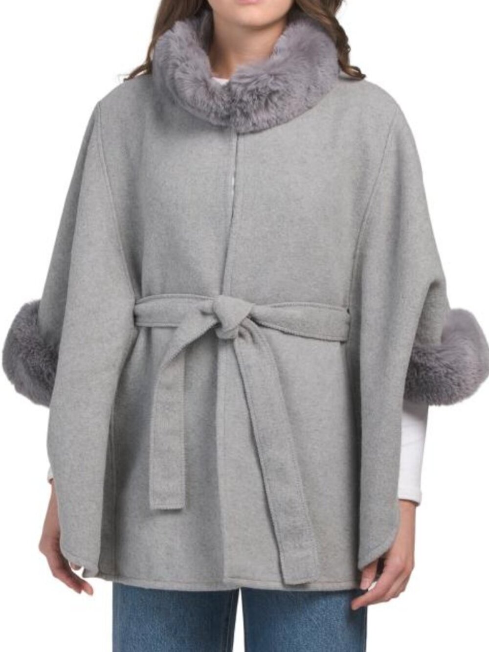 MAX STUDIO Light Grey Faux Mink Fur Collar And Cuffs Kimono